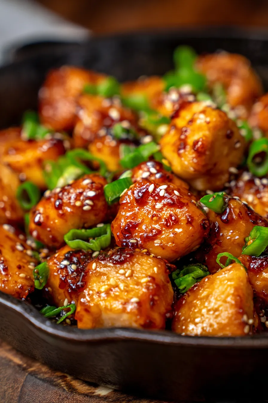 Honey Garlic Chicken Bites served with rice and broccoli