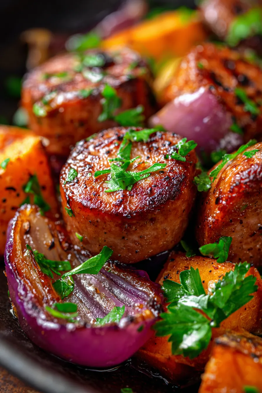 Honey Garlic Sausage with Sweet Potatoes (One-Pan Dinner)-caramelized texture