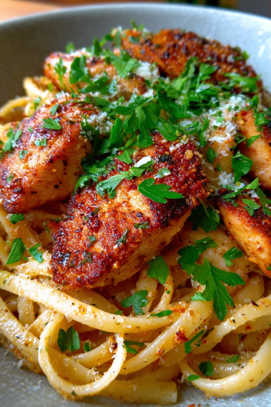 Linguine noodles with chicken and sauce ingredients
