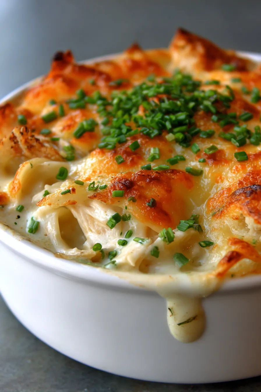 Million Dollar Chicken Casserole-sliced serving-comforting