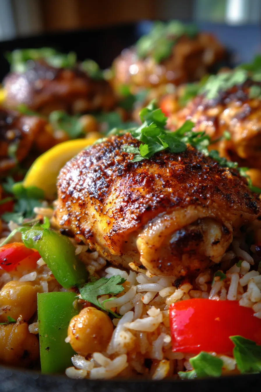 Moroccan Chicken and Rice (One Pan)-serving-garnish-vibrant