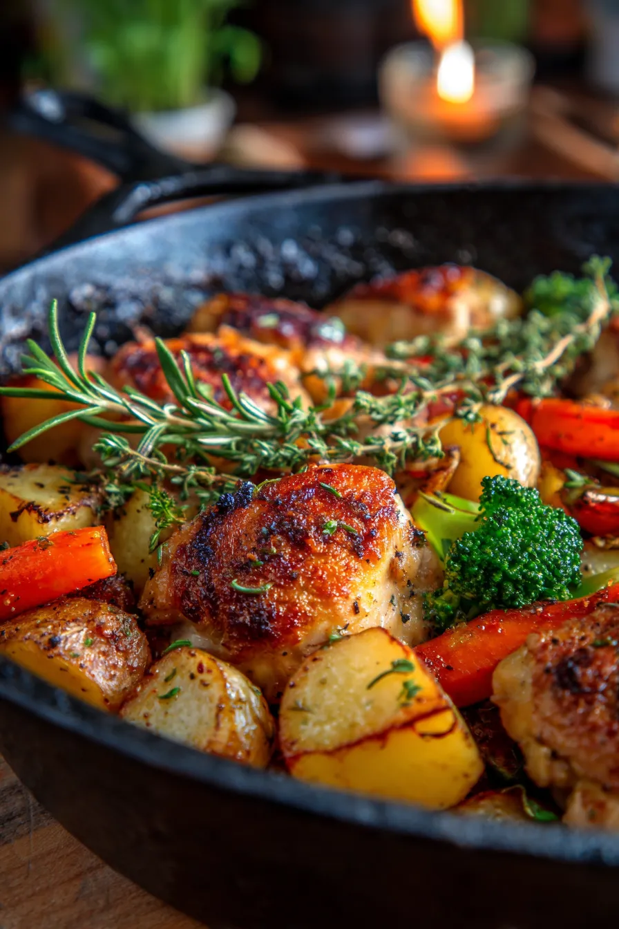 One-Pot Chicken and Vegetables-close up-tender chicken-colorful vegetables-rustic pan