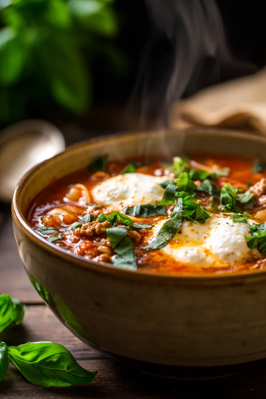 One-Pot Lasagna Soup with Ground Beef and Cheese-cheesy-closeup