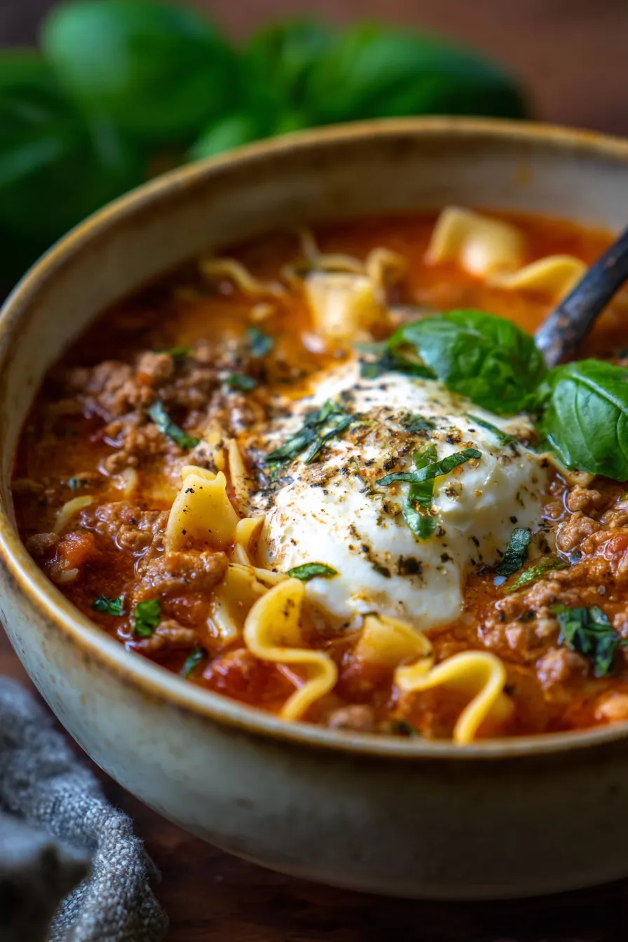 One-Pot Lasagna Soup with Ground Beef and Cheese-serving-warm