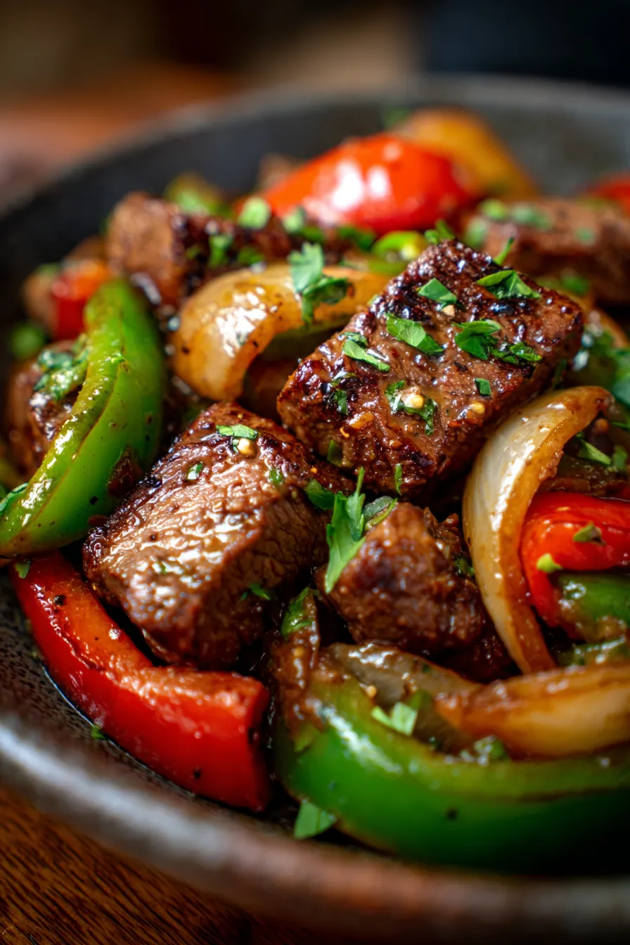 Pepper Steak with Bell Peppers and Onion Skillet-serving