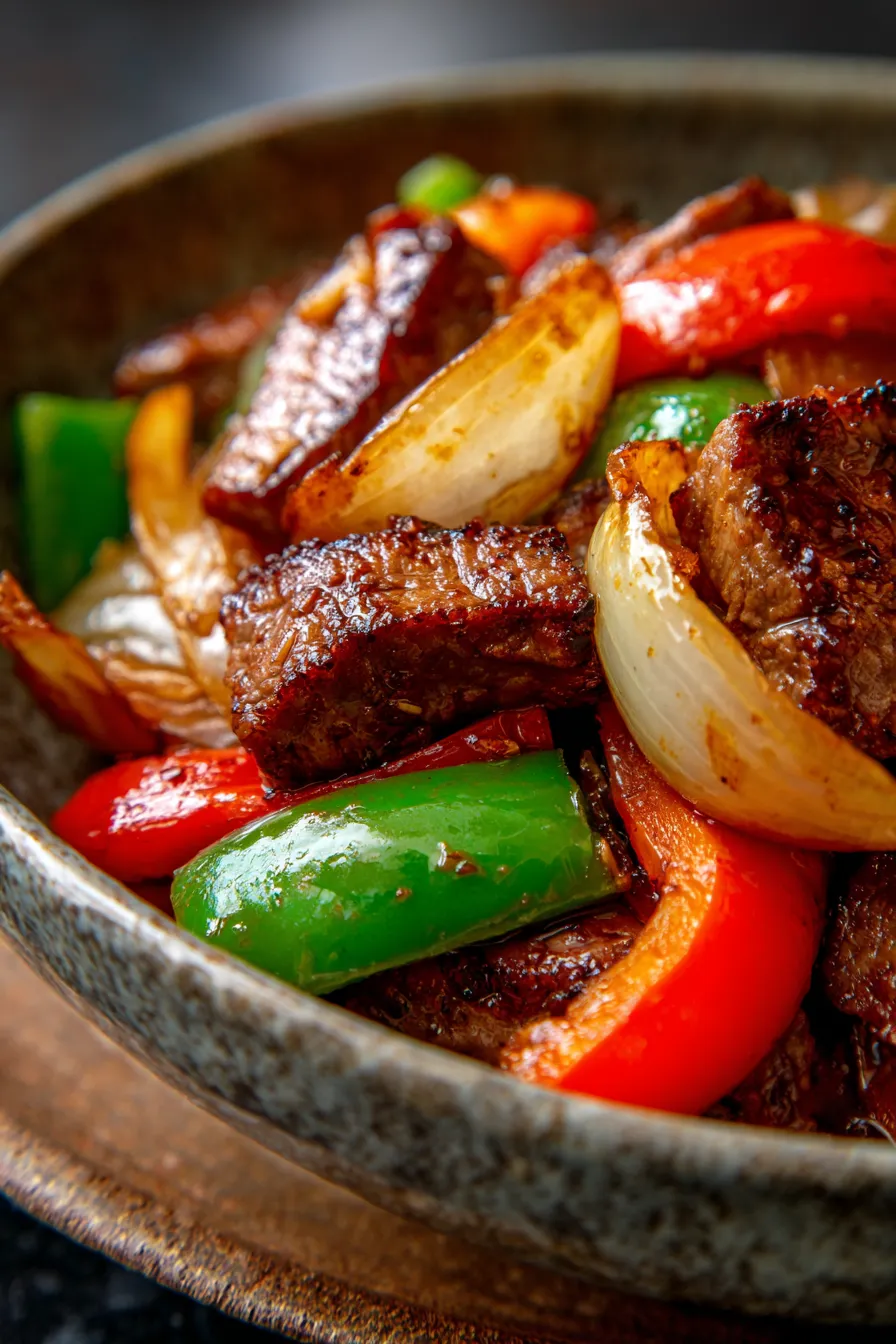 Pepper Steak with Bell Peppers and Onion Skillet-texture-closeup