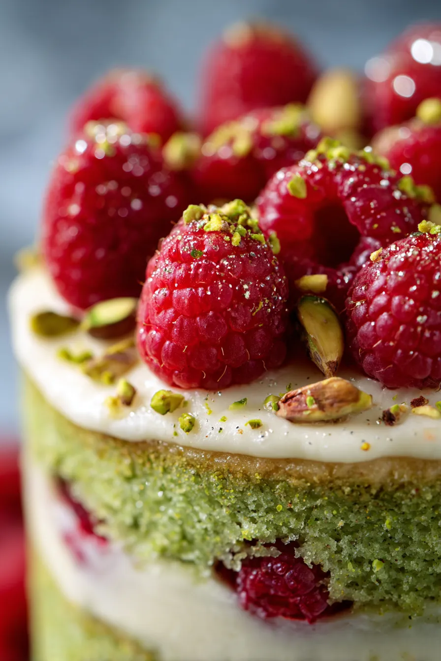 Pistachio Raspberry Cake-slice-closeup-texture