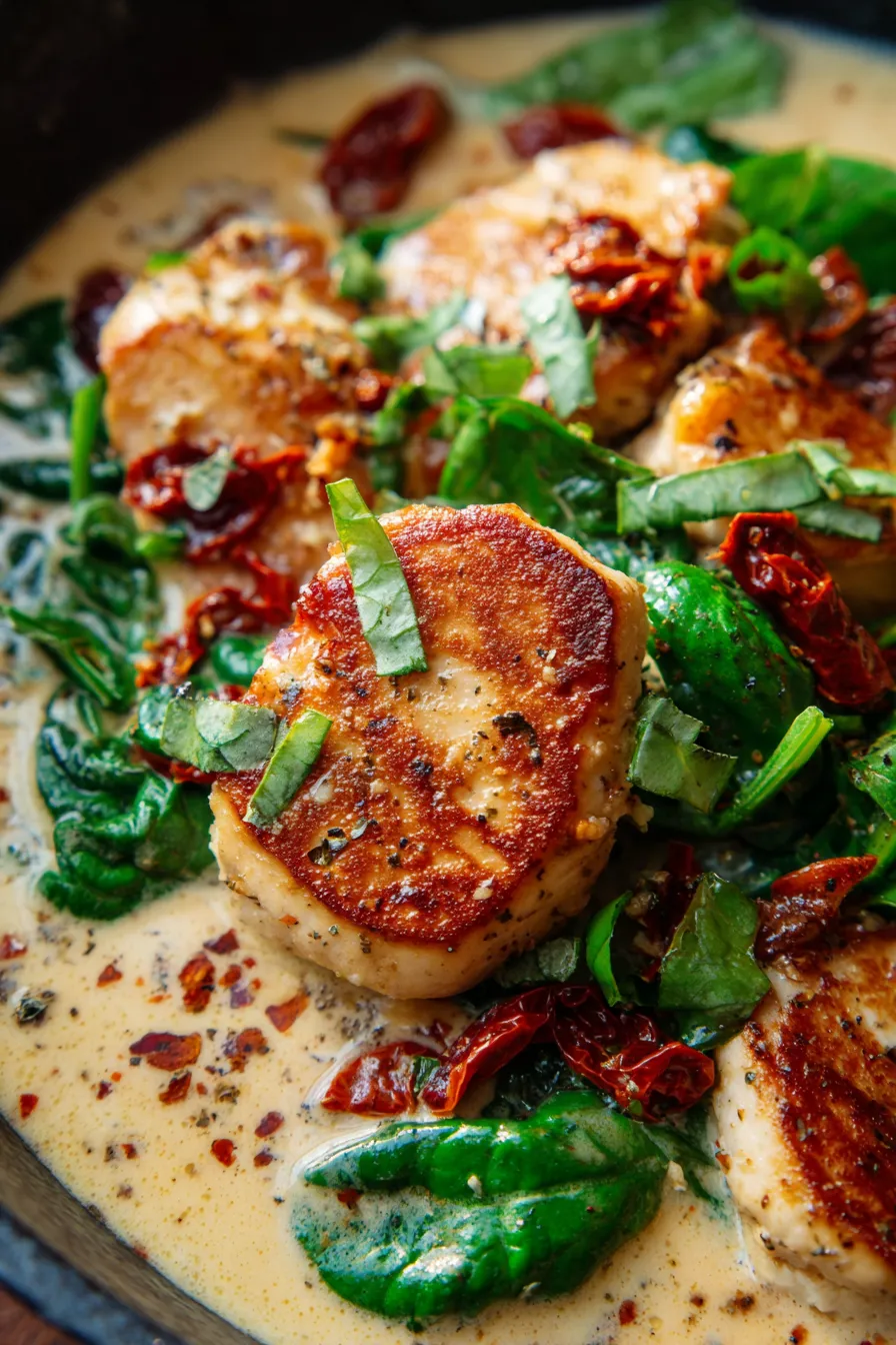 Plated Whole30 Marry Me Chicken, tender chicken, vibrant sauce, fresh herbs