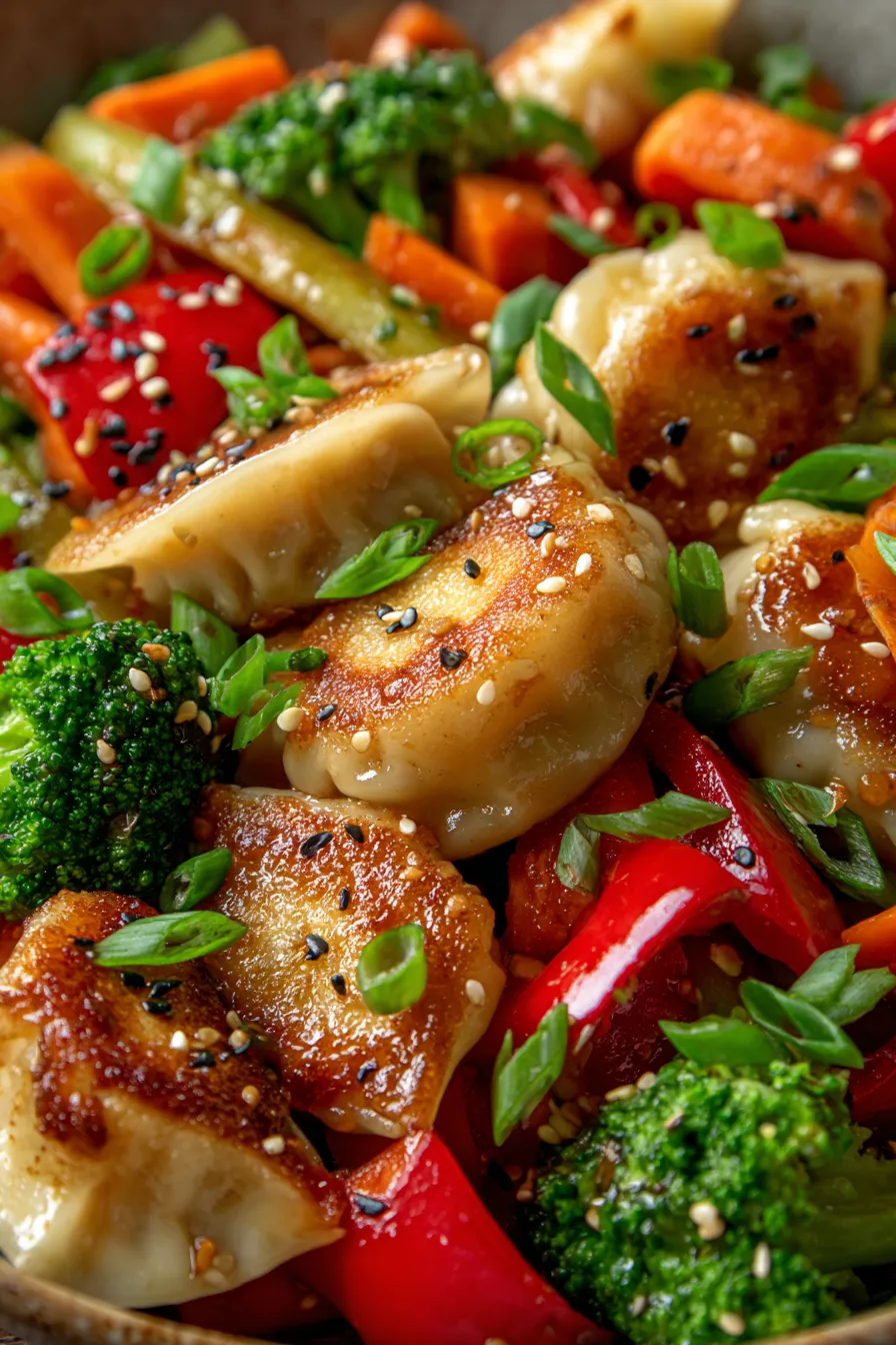 Potsticker Stir Fry-crispy potstickers-closeup