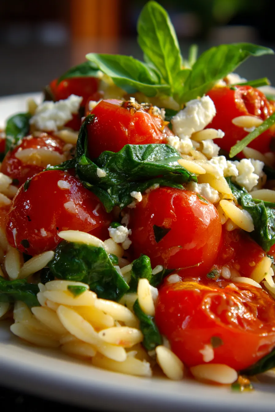 quick weeknight orzo recipe overhead shot