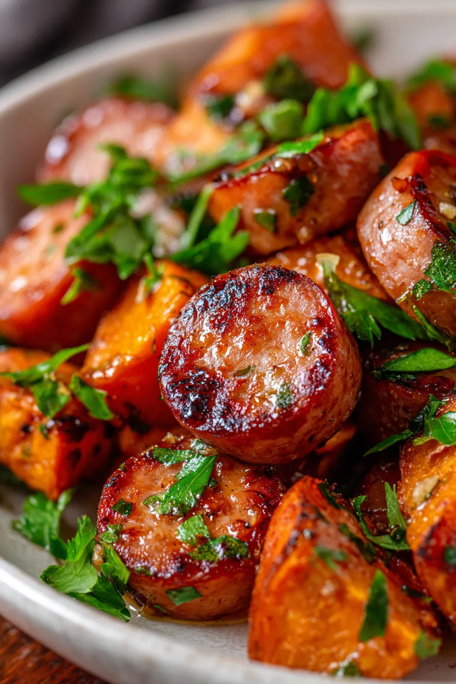 Sausage and Sweet Potatoes with Honey Garlic Sauce-caramelized-dish