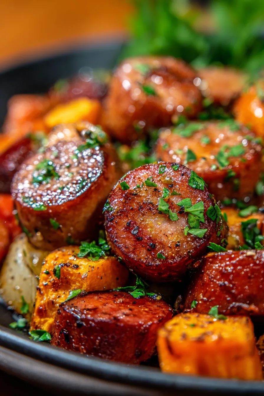 Sausage and Sweet Potatoes with Honey Garlic Sauce-texture-closeup