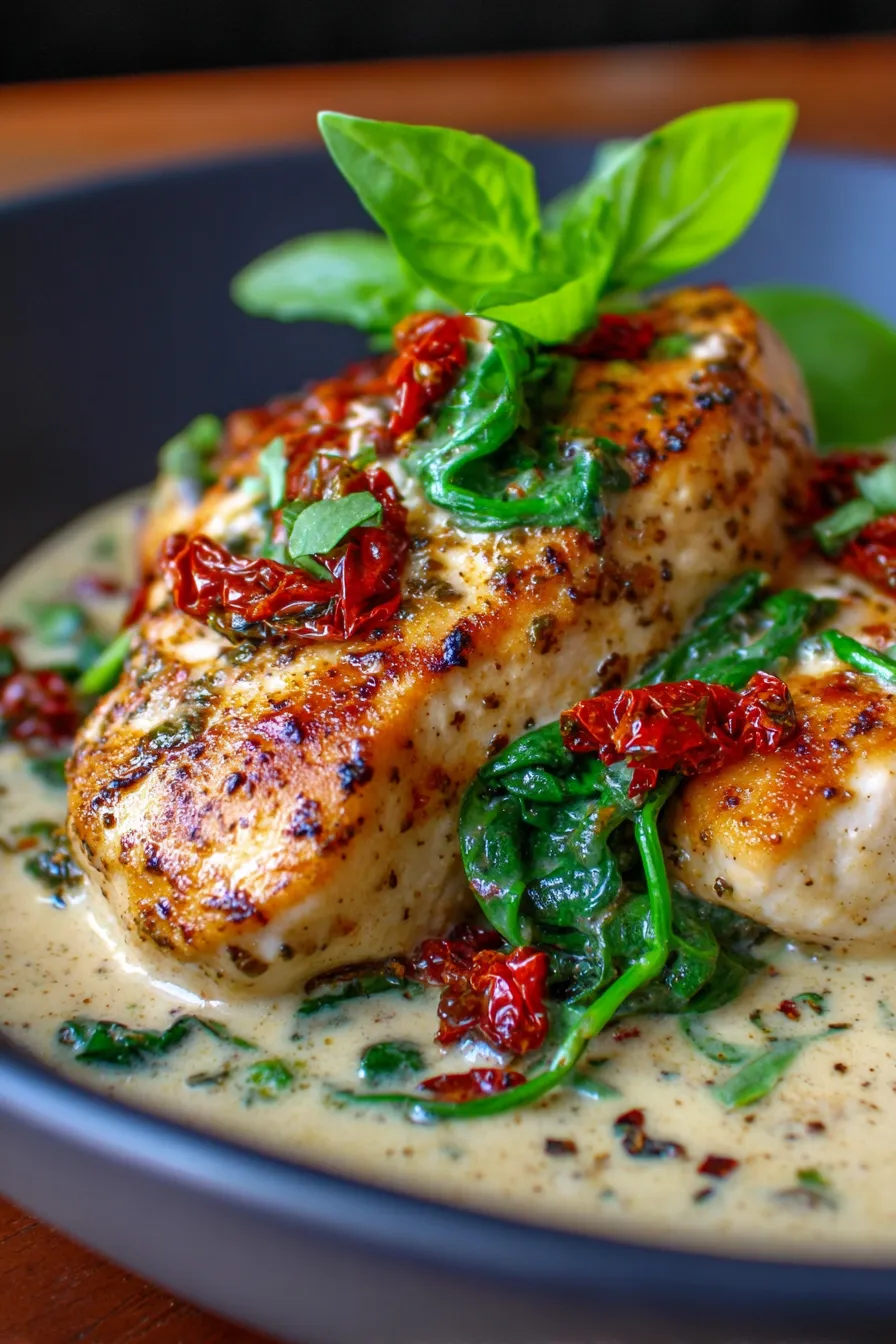 Seared chicken fillets in a skillet with sun-dried tomato and garlic