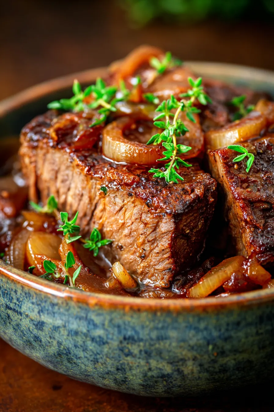 Slow Cooker French Onion Pot Roast - shredded beef - rich broth - close up