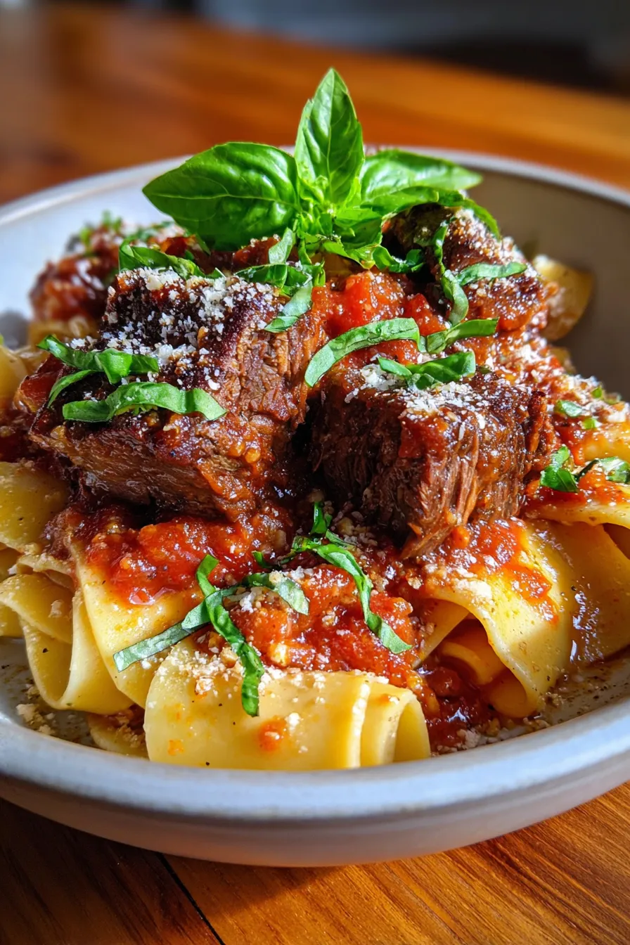 Slow-simmered tomato sauce with short ribs in a Dutch oven