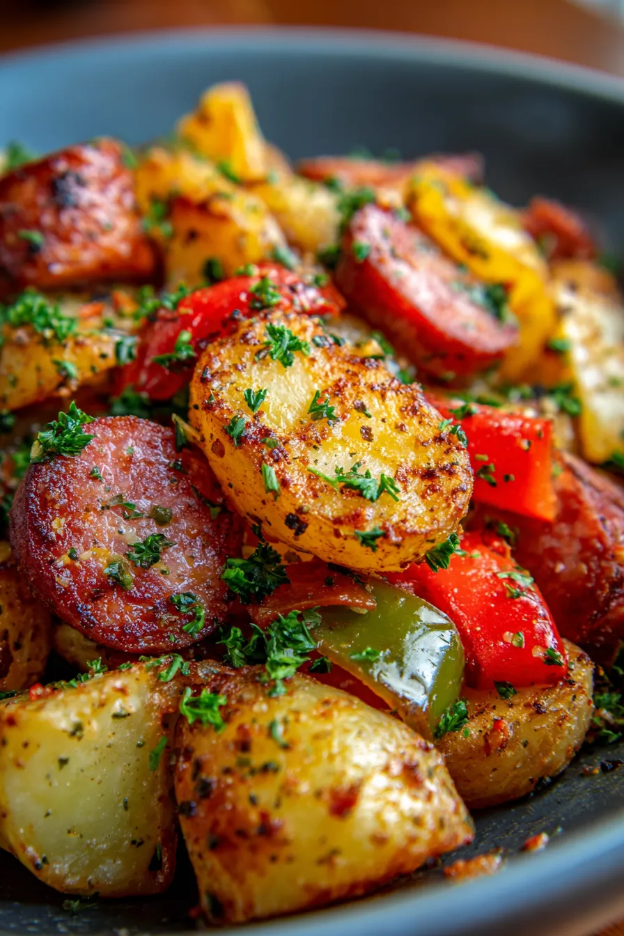 smoked sausage potatoes close up