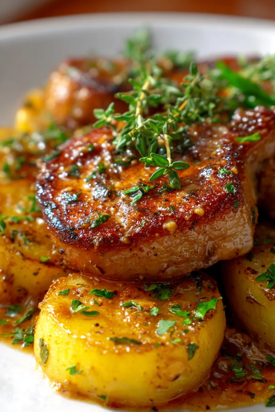 Smothered Pork Chop and Potato Casserole – baked dish – golden brown – bubbling sauce