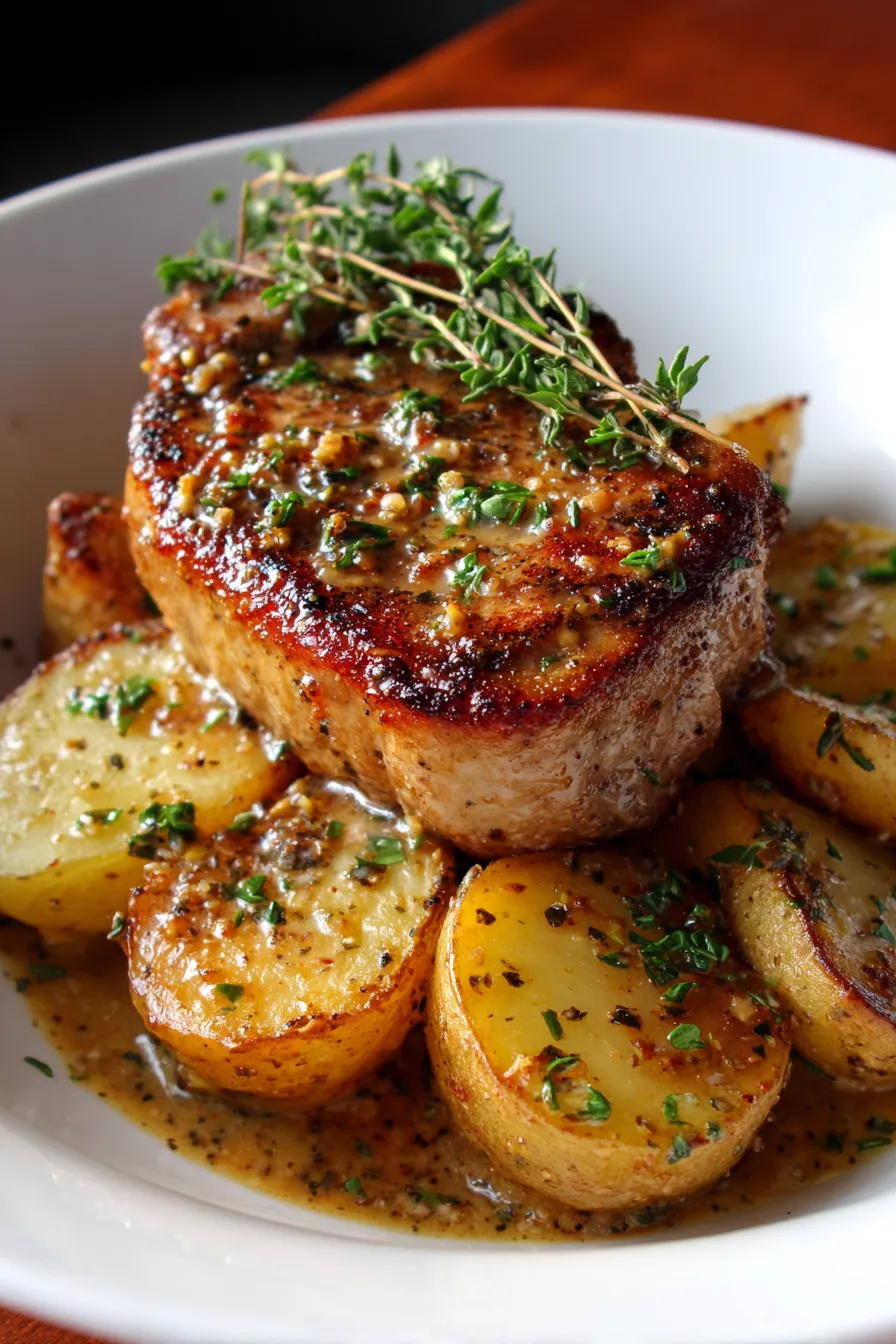 Smothered Pork Chop and Potato Casserole – serving portion – fresh herbs – steam