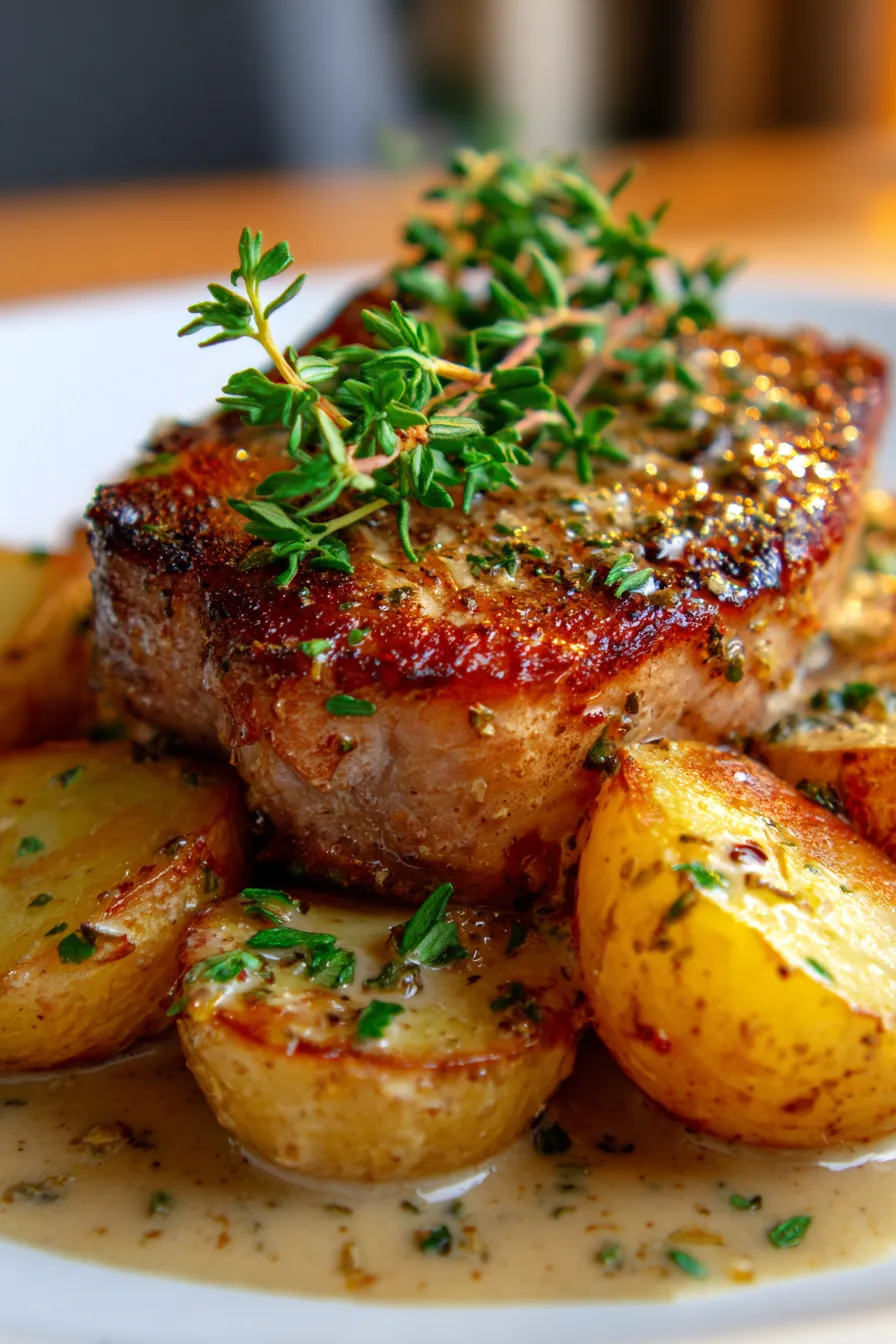 Smothered Pork Chop and Potato Casserole – tender pork – creamy potatoes – close-up