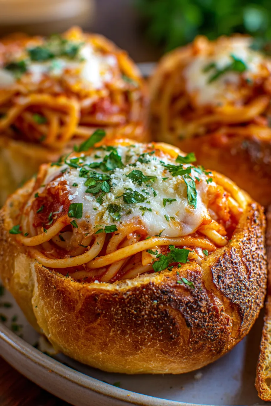 Spaghetti Garlic Bread Bowls – Fun Family Dinner Idea-freshly baked-steaming