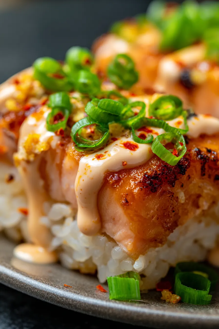 Spicy Salmon Sushi Bake, flaky salmon, vibrant green onions, close-up texture