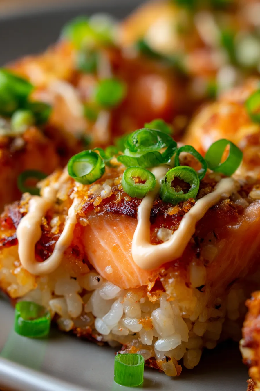 Spicy Salmon Sushi Bake, portion on nori, fresh avocado slices, styled serving