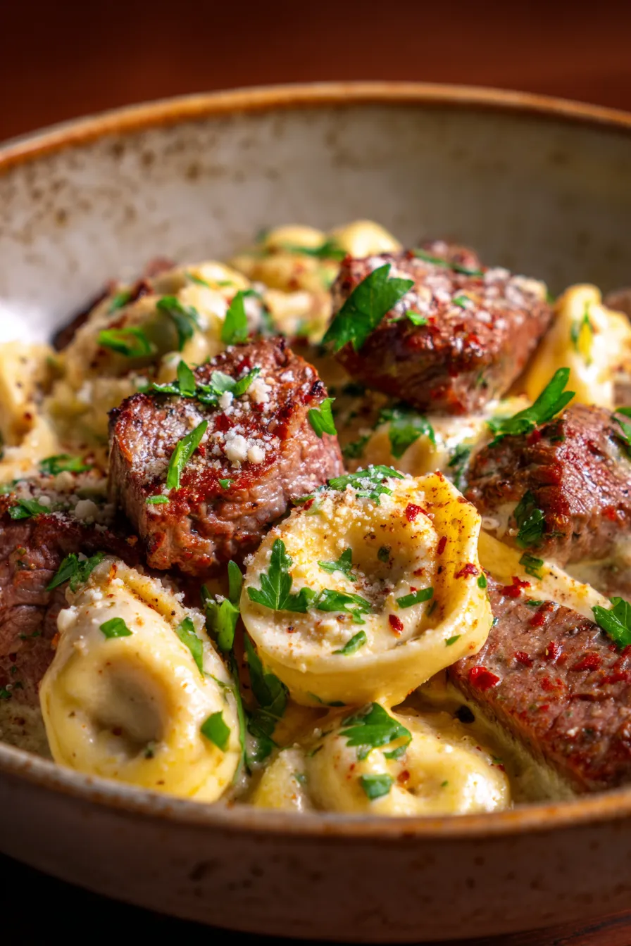 Steak bites tortellini-serving dish