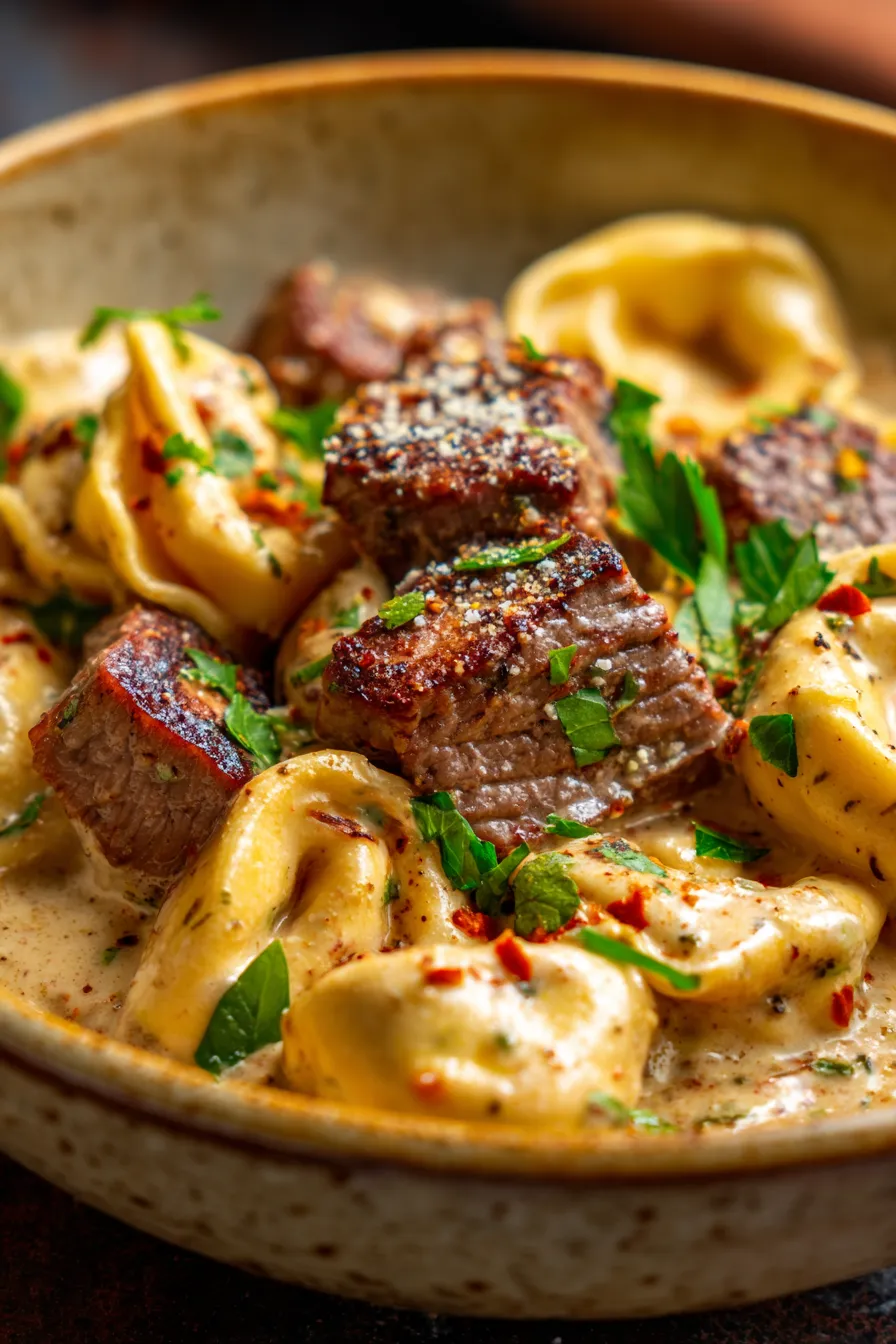 Steak Tortellini creamy sauce-close up