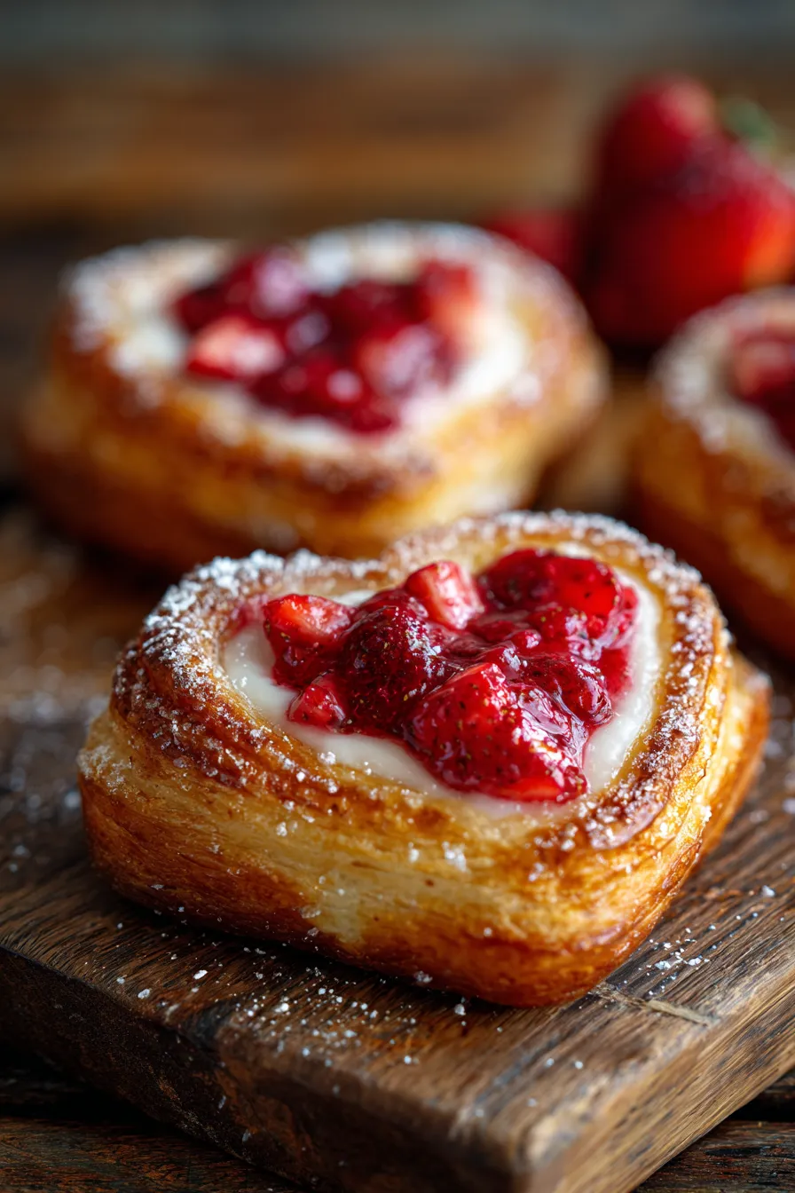 Strawberry Cream Cheese Heart Danishes-baked-golden-glaze
