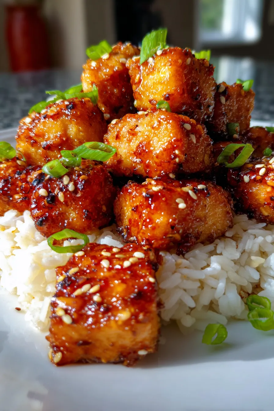Sweet and sticky sesame chicken sauce glistening