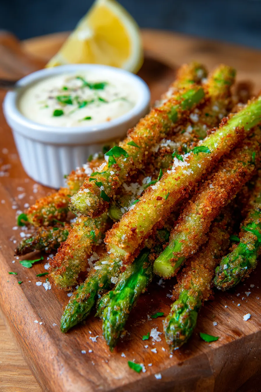 Air Fryer Asparagus Fries with dipping sauce overhead