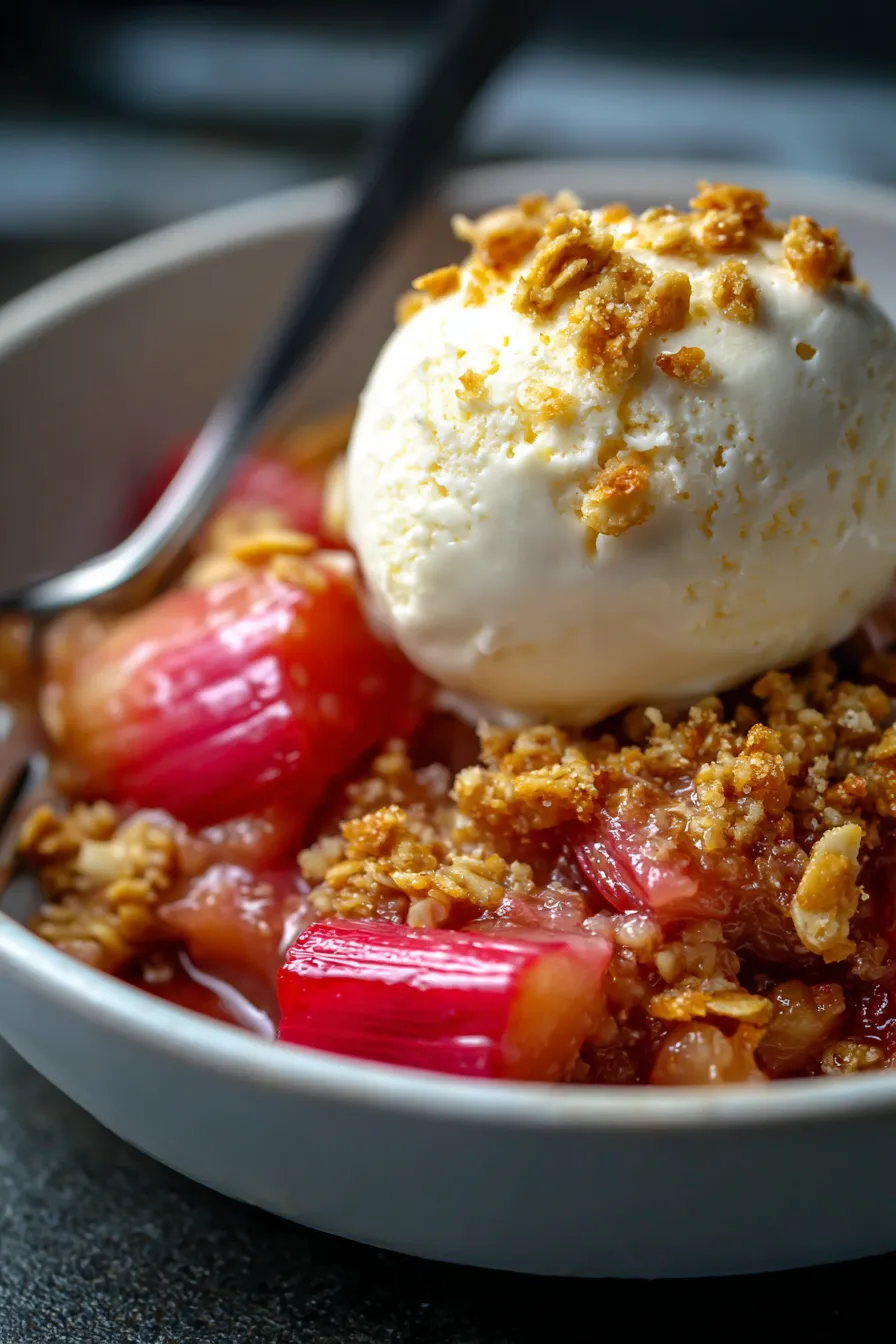 Baked Rhubarb Crisp - warm from oven - steam