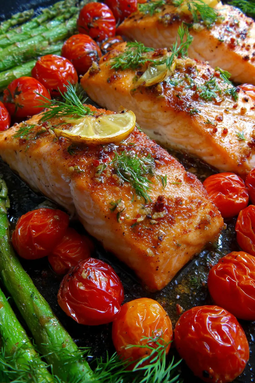 Baked Salmon fillets with fresh dill garnish