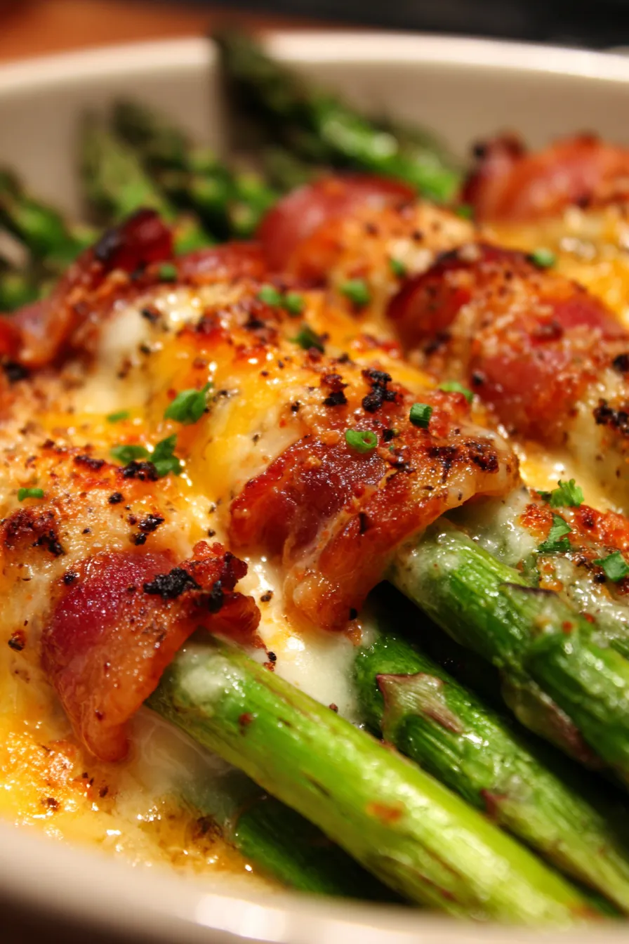 Cheesy Baked Asparagus with Bacon-closeup-texture