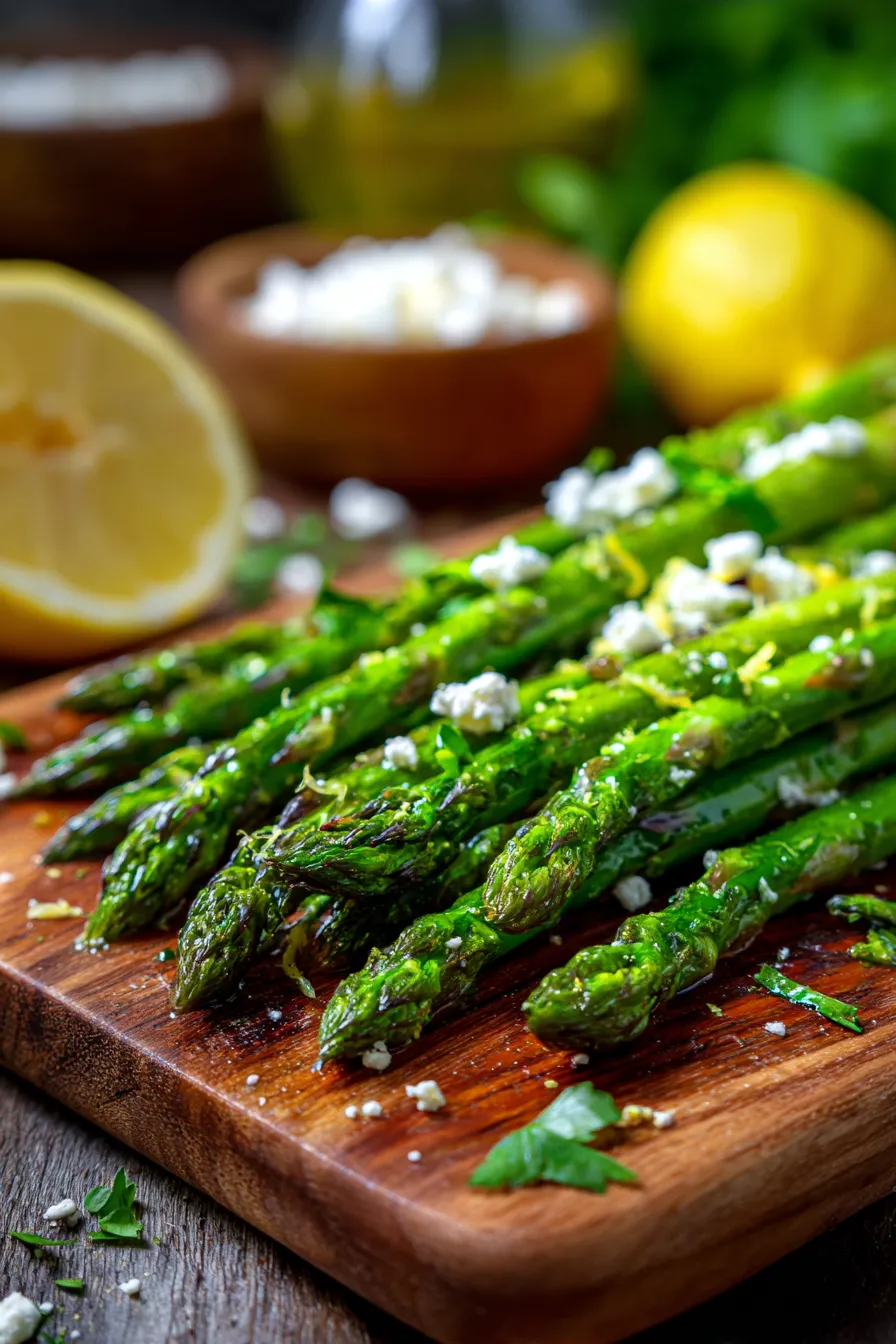Lemon and Feta Grilled Asparagus-closeup-texture-feta