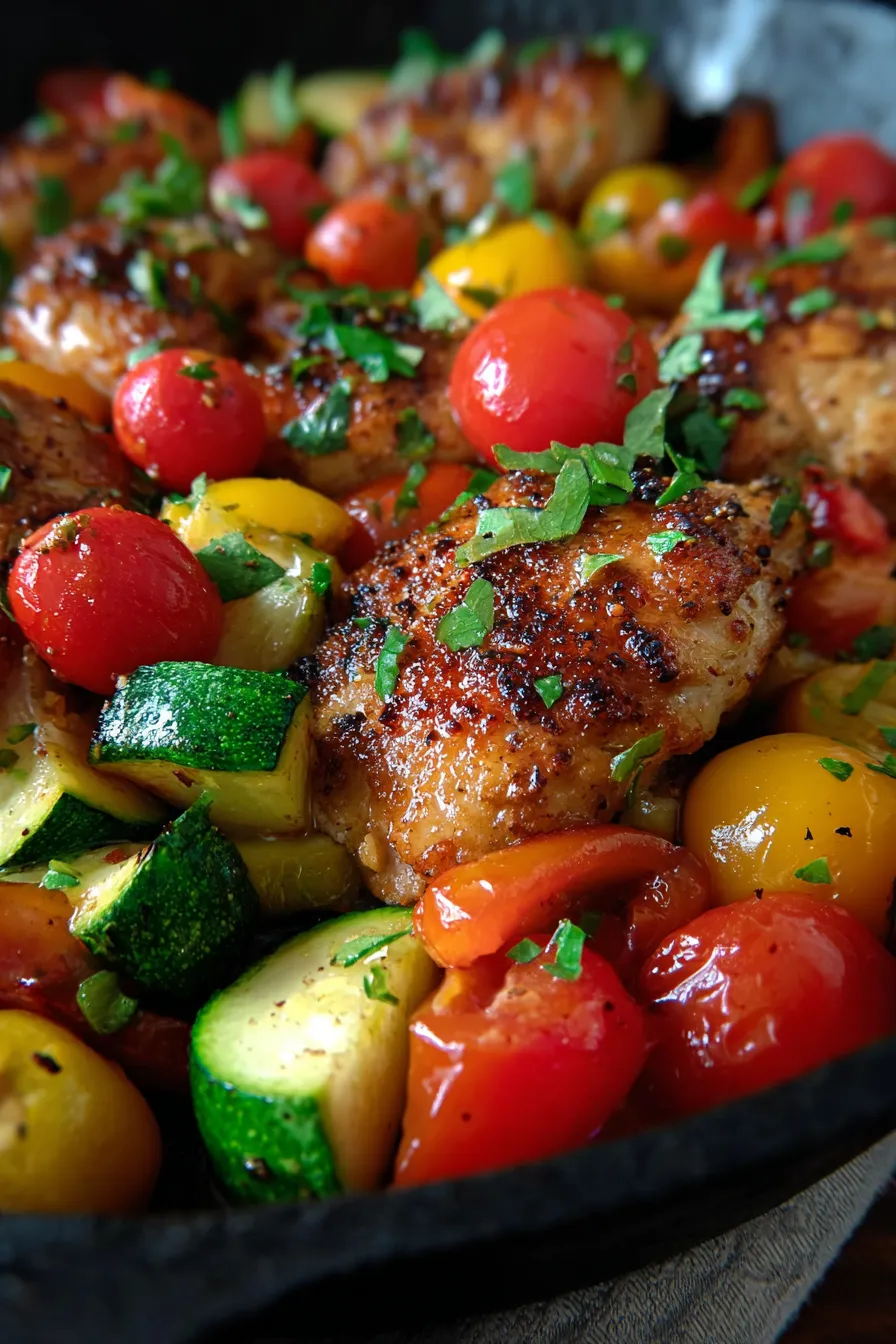 One-Pan Chicken and Vegetable Skillet - close up - caramelized