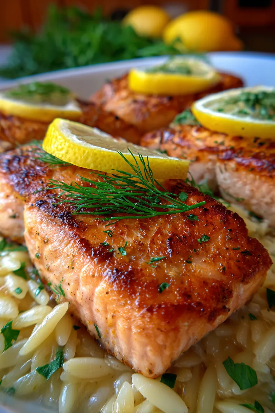Salmon with Lemon Orzo Skillet-closeup-texture