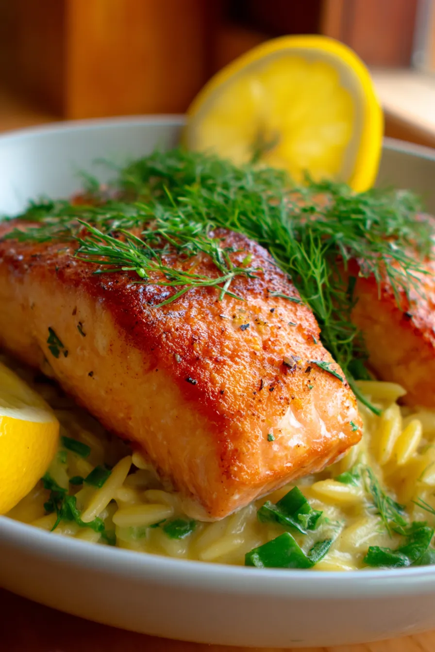 Salmon with Lemon Orzo Skillet-plated-serving