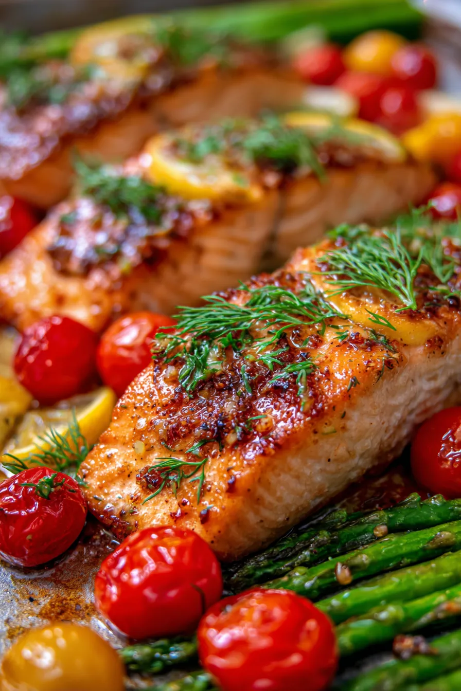 Sheet Pan Salmon with asparagus and tomatoes